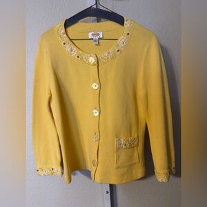 Talbots Yellow Embroidered Floral Beaded Cardigan Sweater Women's